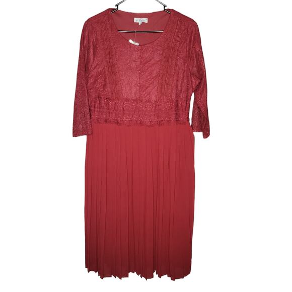 Polagram Burgundy Pleated Skirt Lace 3/4 Sleeve Knee Length Red Dress Women Sz L - Picture 8 of 8